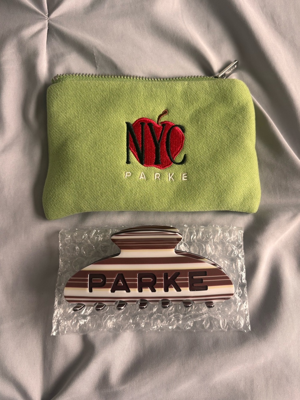 Parke NYC Brown and White Stripe Claw Clip NYC Pop Up with Green Parke NYC Pouch